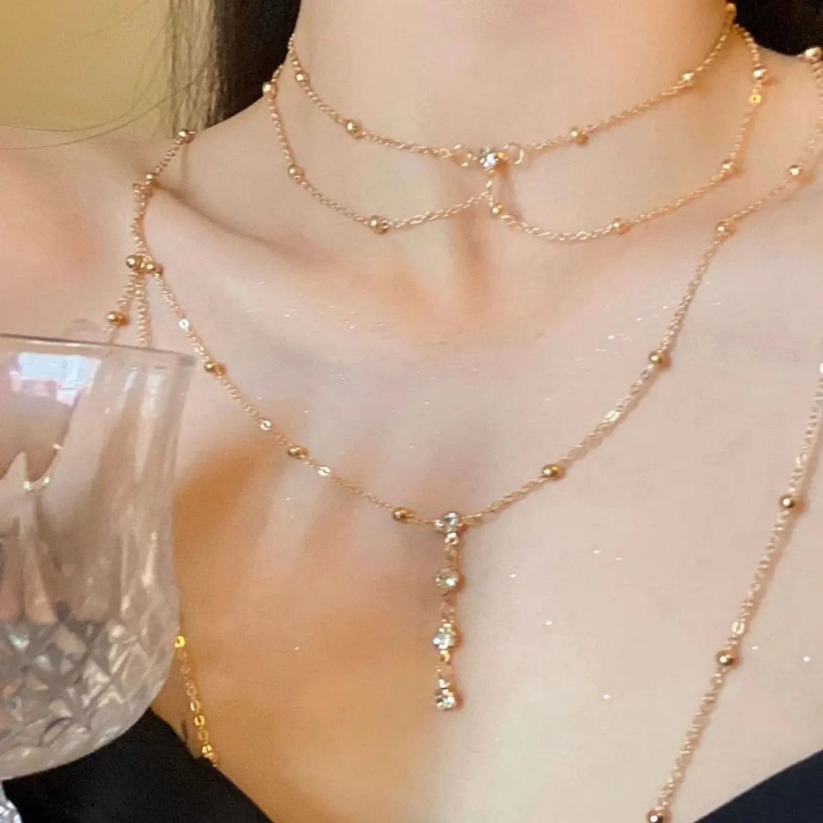 Layered Pendant Necklace Aesthetic - Sexy Esthetische Multi-Layer Mousserende Strass Lichaam